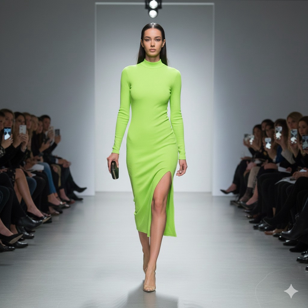 NEW Stradivarius Neon Green Mock Ribbed Long Sleeve Midi Dress Size S